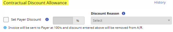 The Contractual Discount Allowance section displays fields for Payer discount settings, such as percentage and reason.